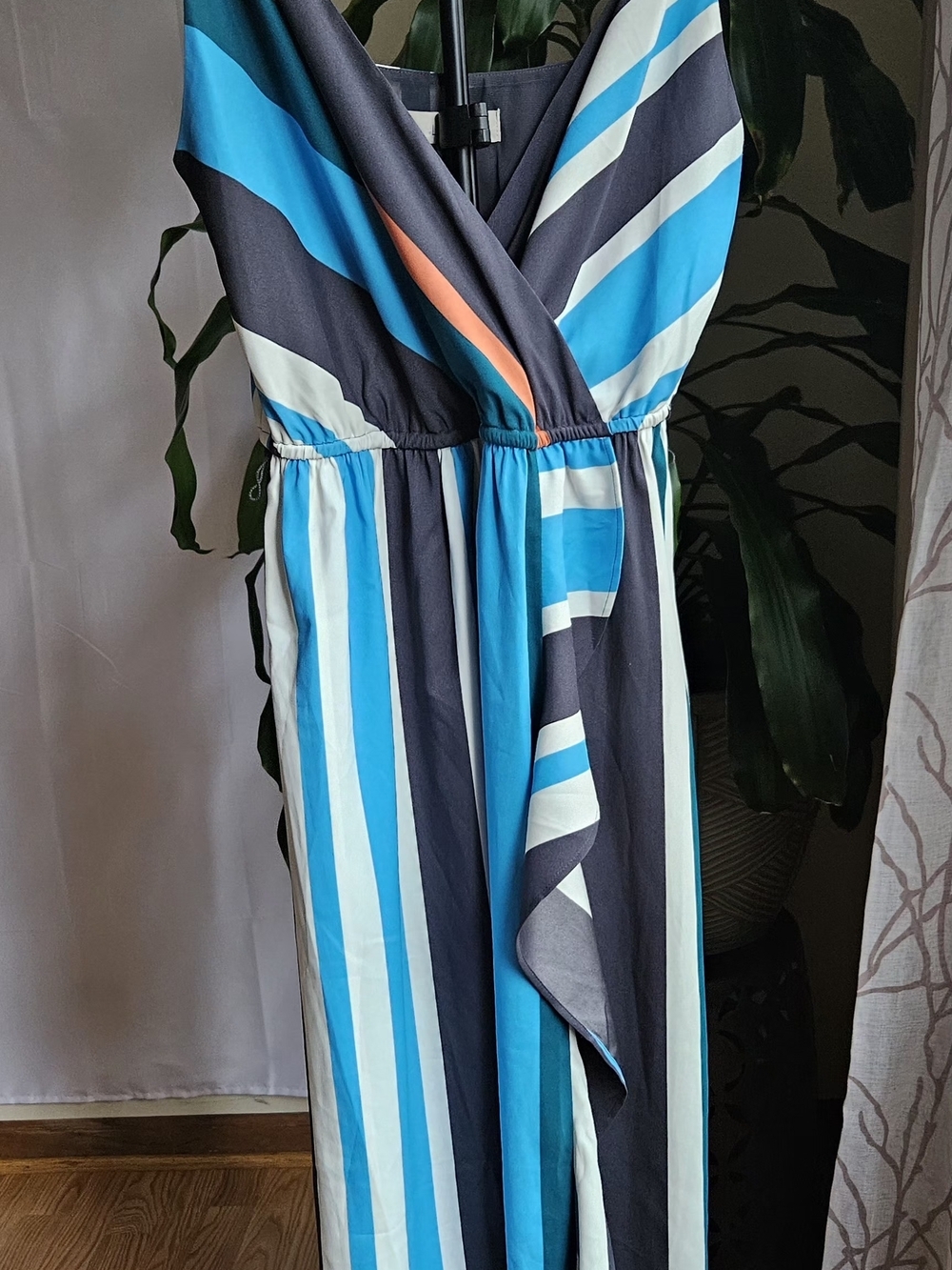 ​ANN TAYLOR LOFT Striped Faux Wrap Maxi Dress Small Blue Teal Orange Ruffle - Picture 3 of 16